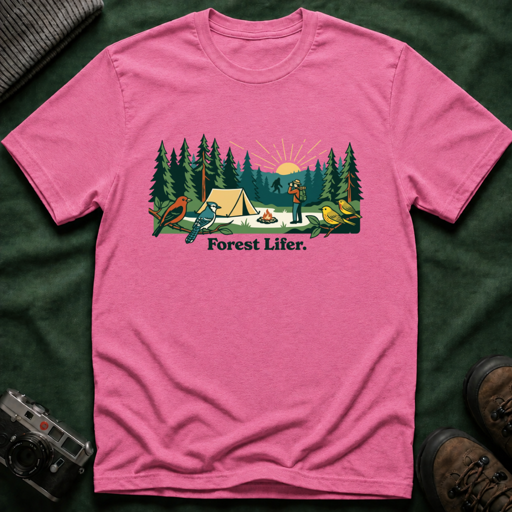 Bigfoot Forest Lifer T‑Shirt — Camping Scenic Tee with Tent, Campfire & Pine Trees