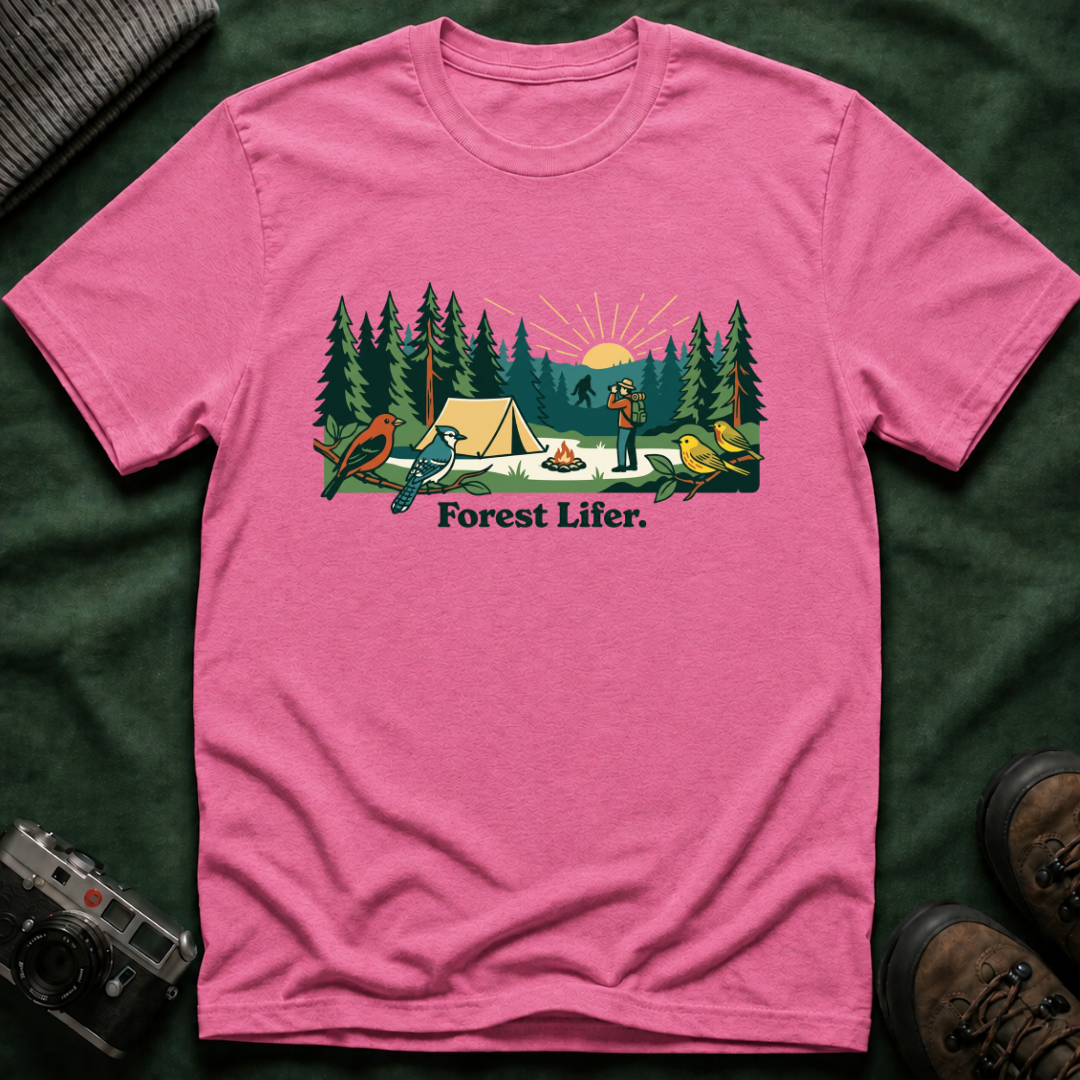 Bigfoot Forest Lifer T‑Shirt — Camping Scenic Tee with Tent, Campfire & Pine Trees