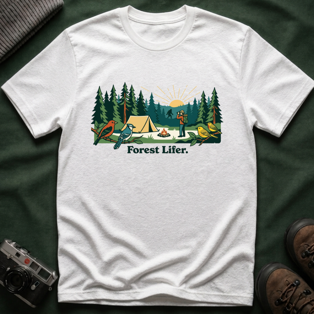 Bigfoot Forest Lifer T‑Shirt — Camping Scenic Tee with Tent, Campfire & Pine Trees