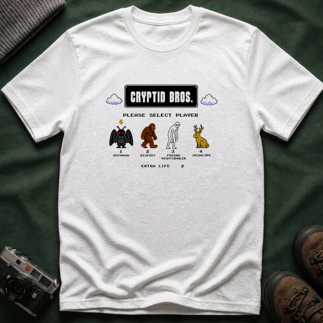 Cryptid Bros T-Shirt — "Please Select Player" Retro Game Cryptids Tee