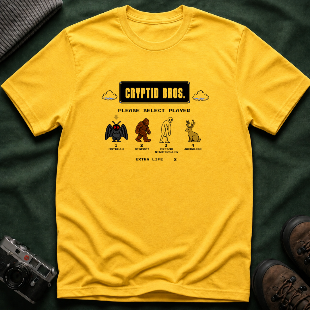 Cryptid Bros T-Shirt — "Please Select Player" Retro Game Cryptids Tee
