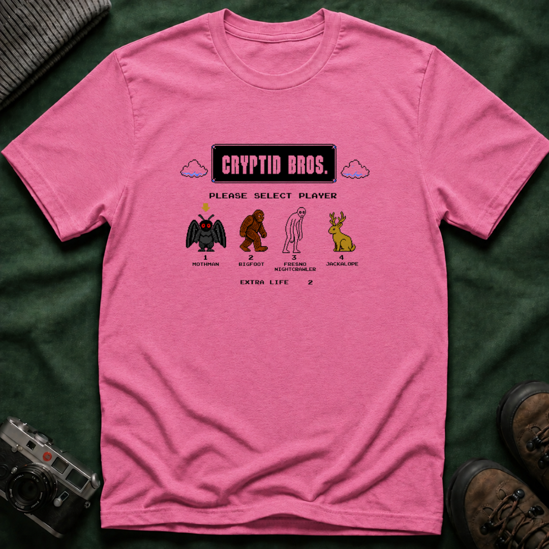 Cryptid Bros T-Shirt — "Please Select Player" Retro Game Cryptids Tee
