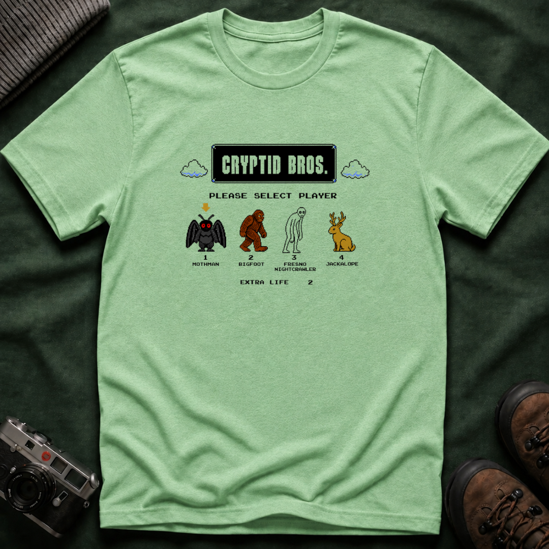 Cryptid Bros T-Shirt — "Please Select Player" Retro Game Cryptids Tee