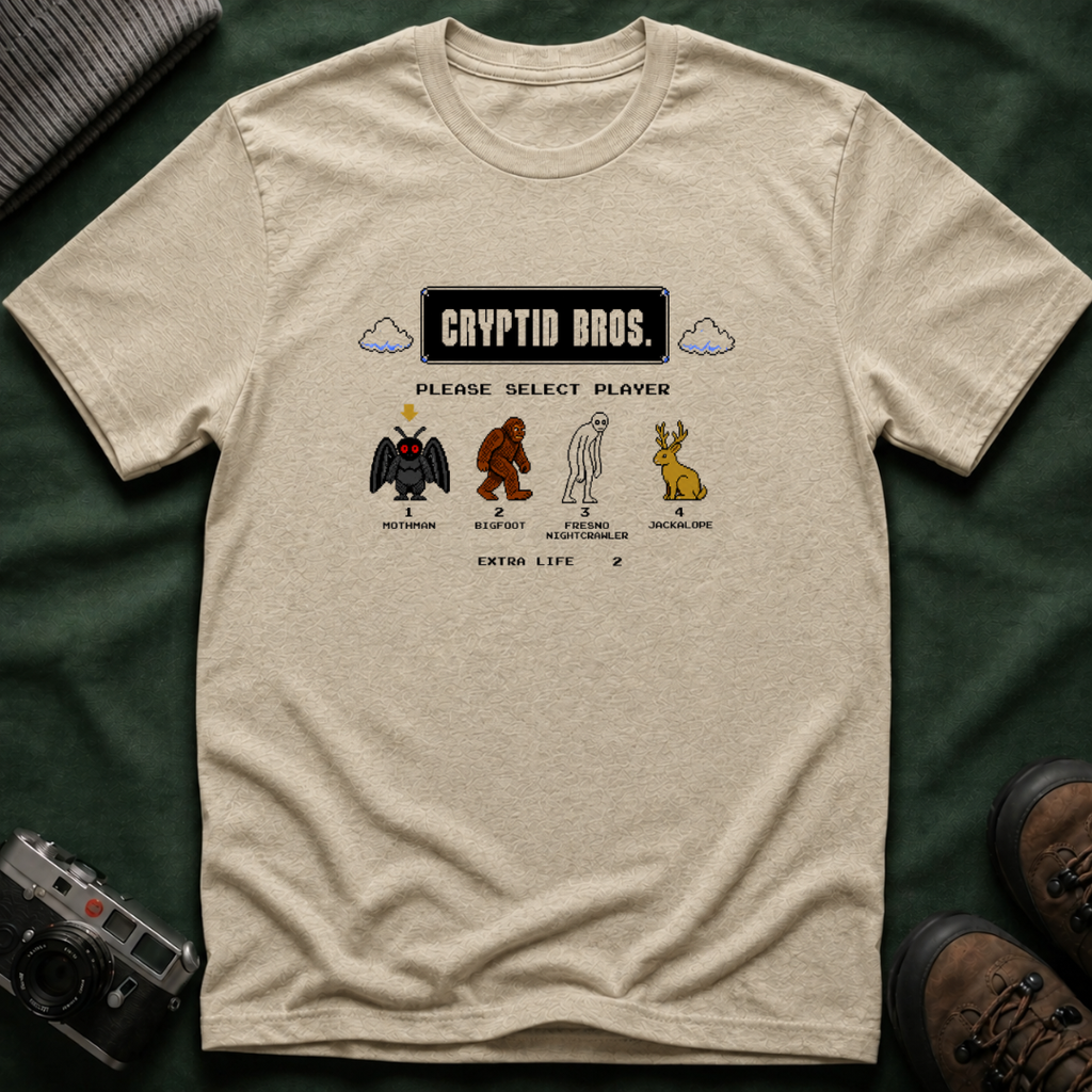Cryptid Bros T-Shirt — "Please Select Player" Retro Game Cryptids Tee
