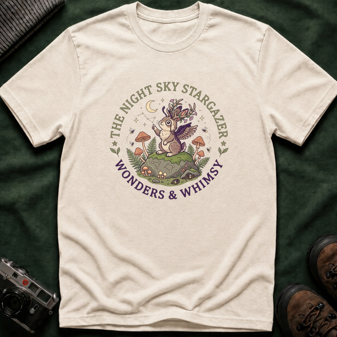 Cottagecore Woodland Jackalope T‑Shirt — “The Night Sky Stargazer” Cute Nature Tee