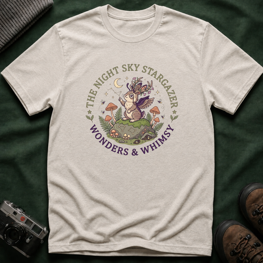 Cottagecore Woodland Jackalope T‑Shirt — “The Night Sky Stargazer” Cute Nature Tee