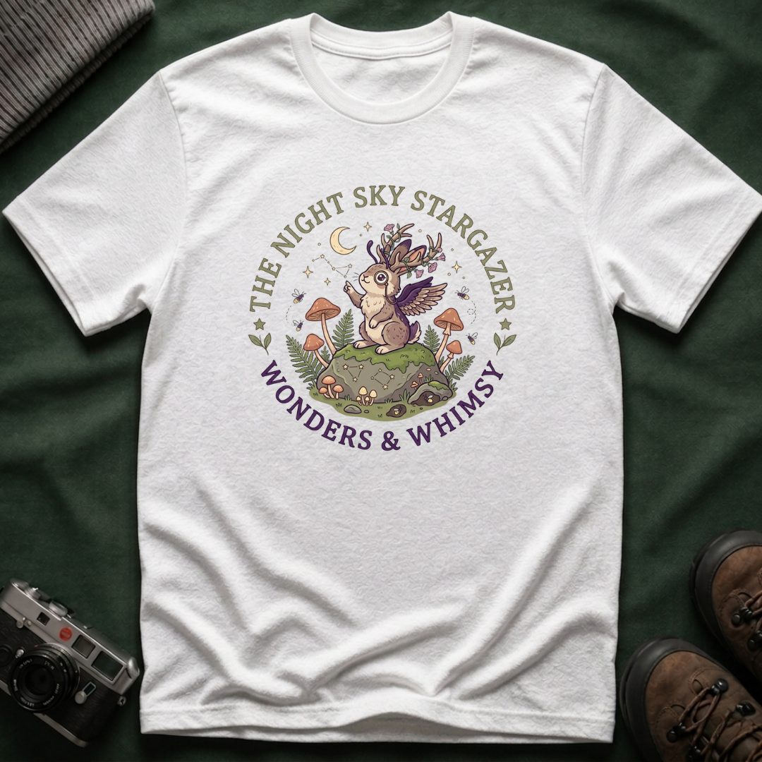 Cottagecore Woodland Jackalope T‑Shirt — “The Night Sky Stargazer” Cute Nature Tee