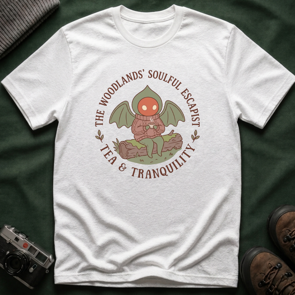 The Woodlands' Soulful Escapist T-Shirt — Cute Flatwoods Monster Tea & Tranquility Graphic