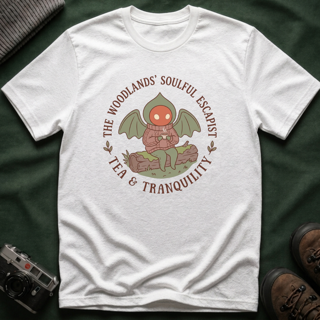 The Woodlands' Soulful Escapist T-Shirt — Cute Flatwoods Monster Tea & Tranquility Graphic
