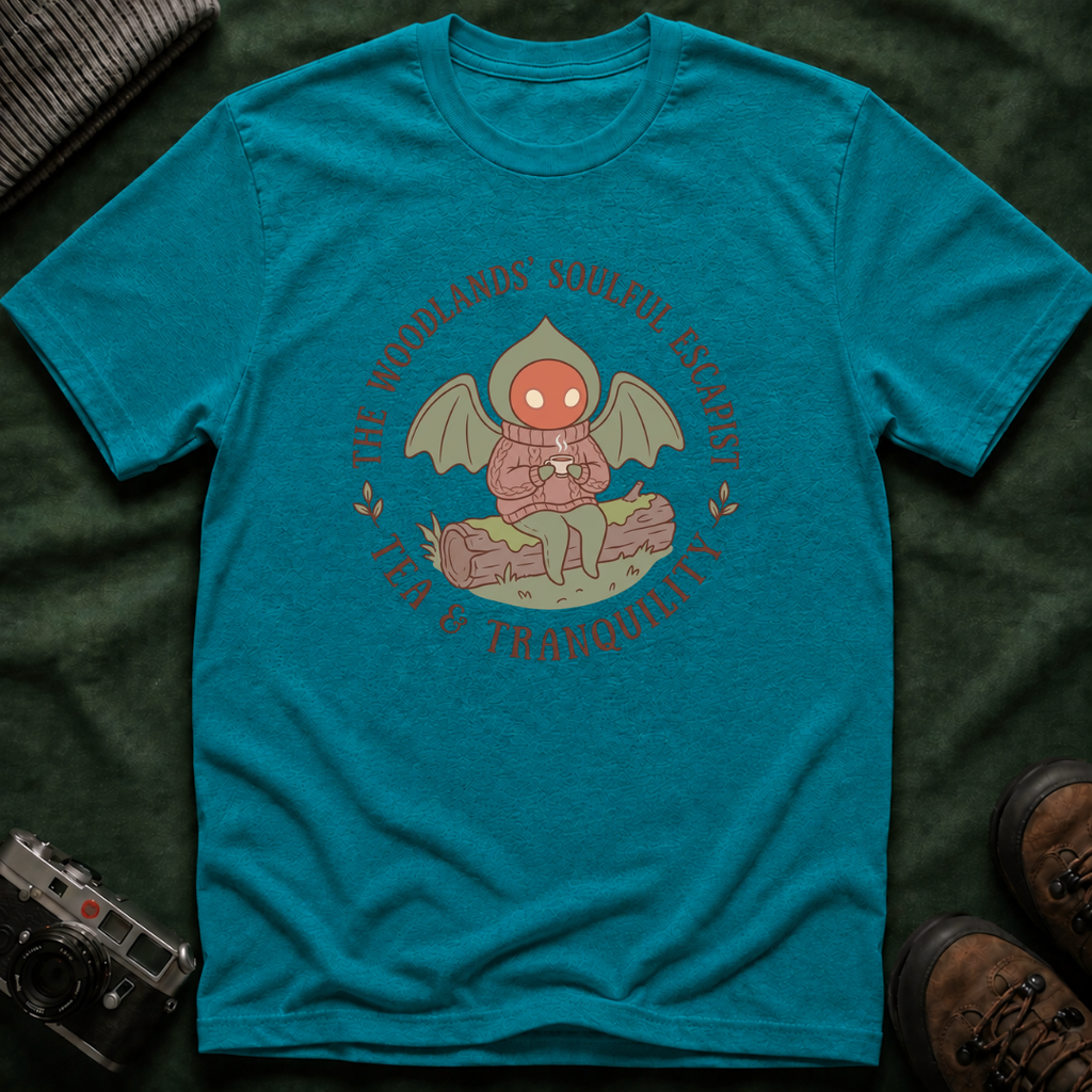 The Woodlands' Soulful Escapist T-Shirt — Cute Flatwoods Monster Tea & Tranquility Graphic