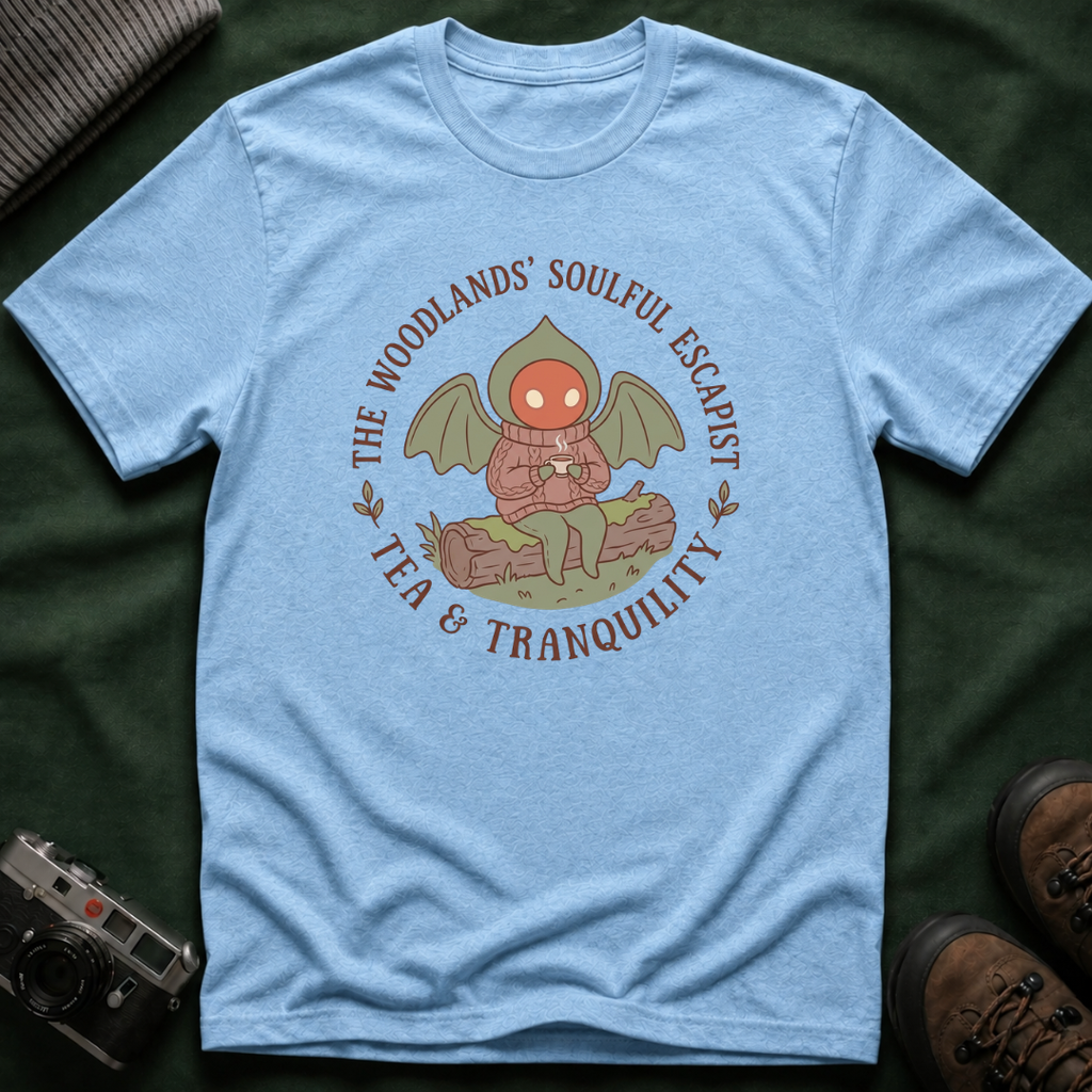 The Woodlands' Soulful Escapist T-Shirt — Cute Flatwoods Monster Tea & Tranquility Graphic