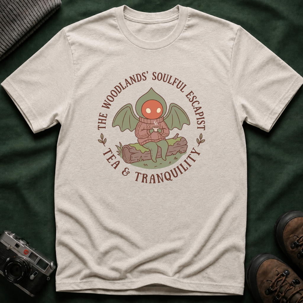 The Woodlands' Soulful Escapist T-Shirt — Cute Flatwoods Monster Tea & Tranquility Graphic