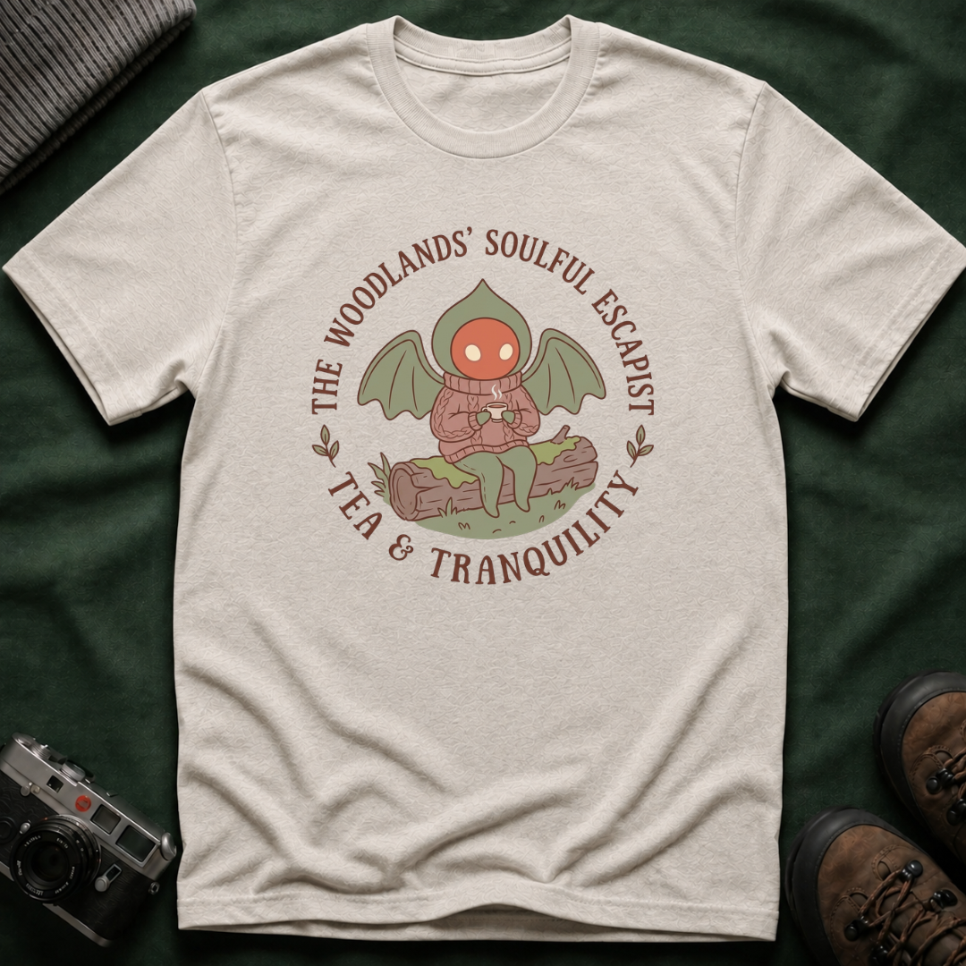 The Woodlands' Soulful Escapist T-Shirt — Cute Flatwoods Monster Tea & Tranquility Graphic