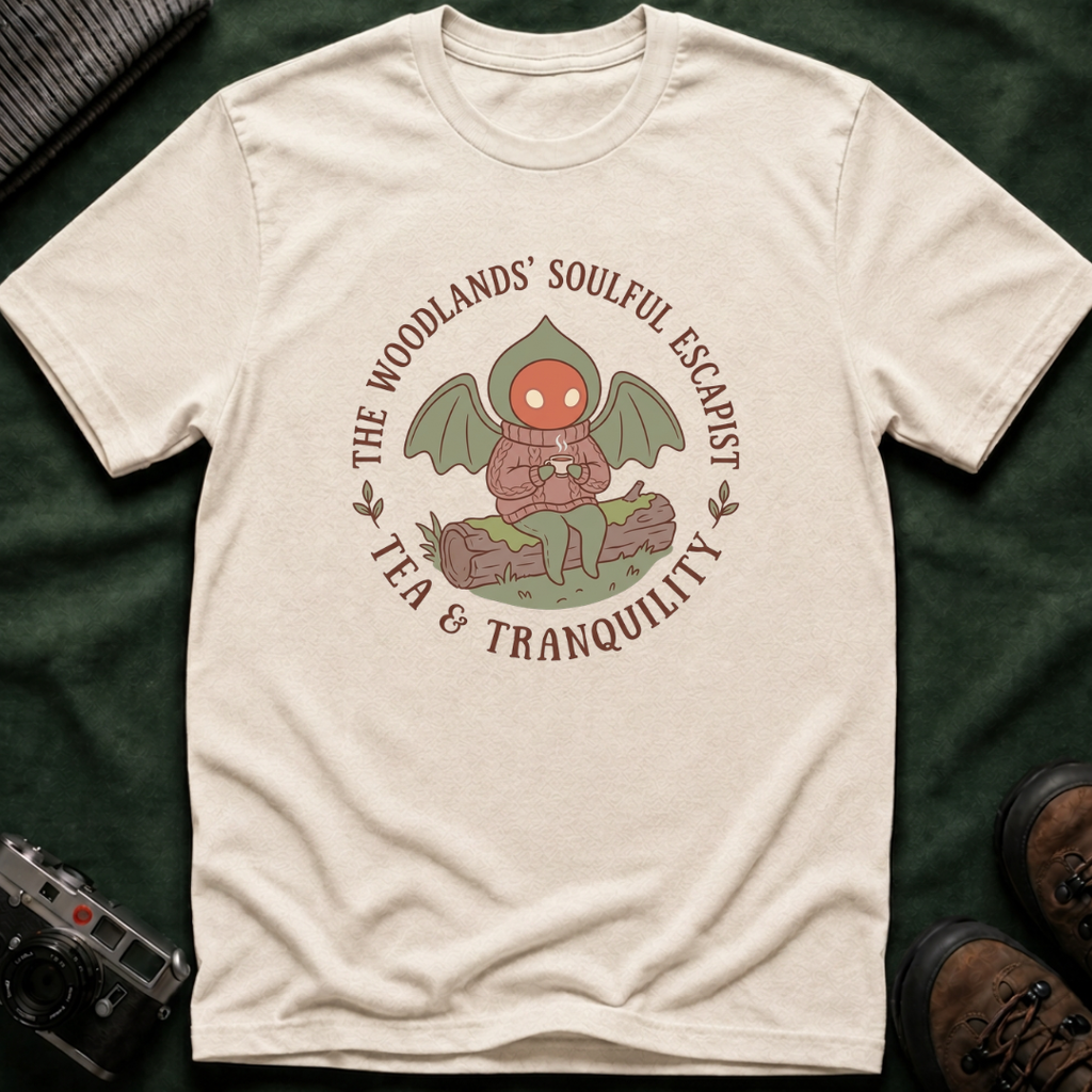 The Woodlands' Soulful Escapist T-Shirt — Cute Flatwoods Monster Tea & Tranquility Graphic