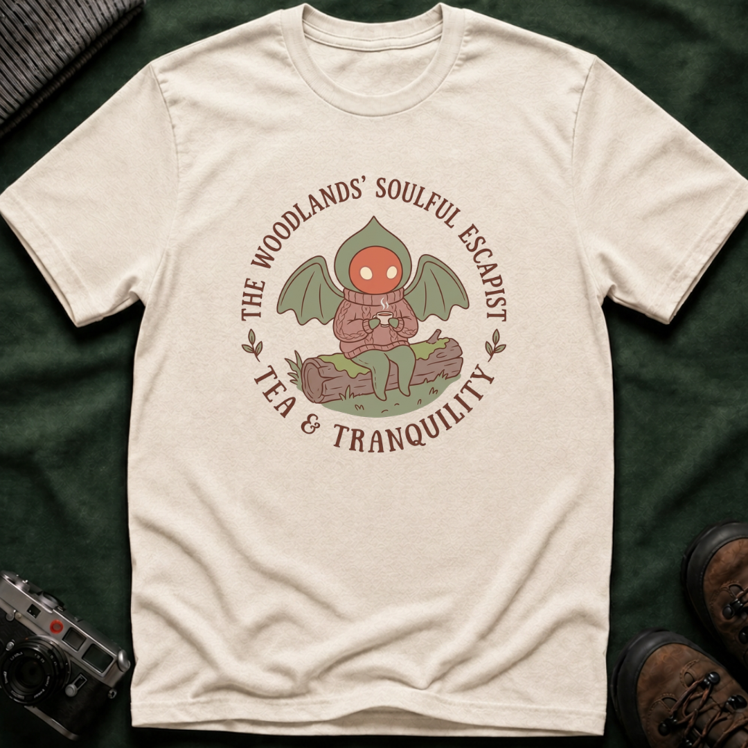 The Woodlands' Soulful Escapist T-Shirt — Cute Flatwoods Monster Tea & Tranquility Graphic