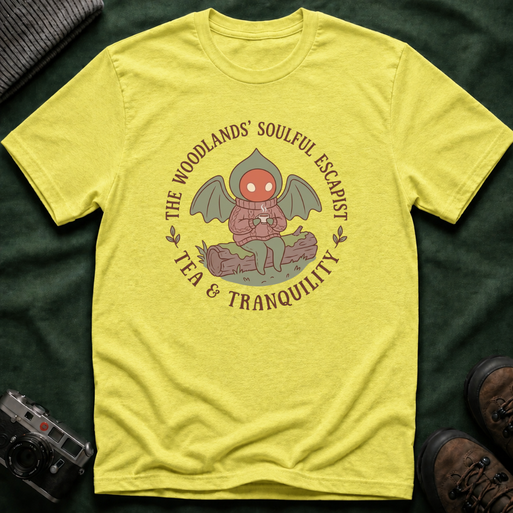 The Woodlands' Soulful Escapist T-Shirt — Cute Flatwoods Monster Tea & Tranquility Graphic