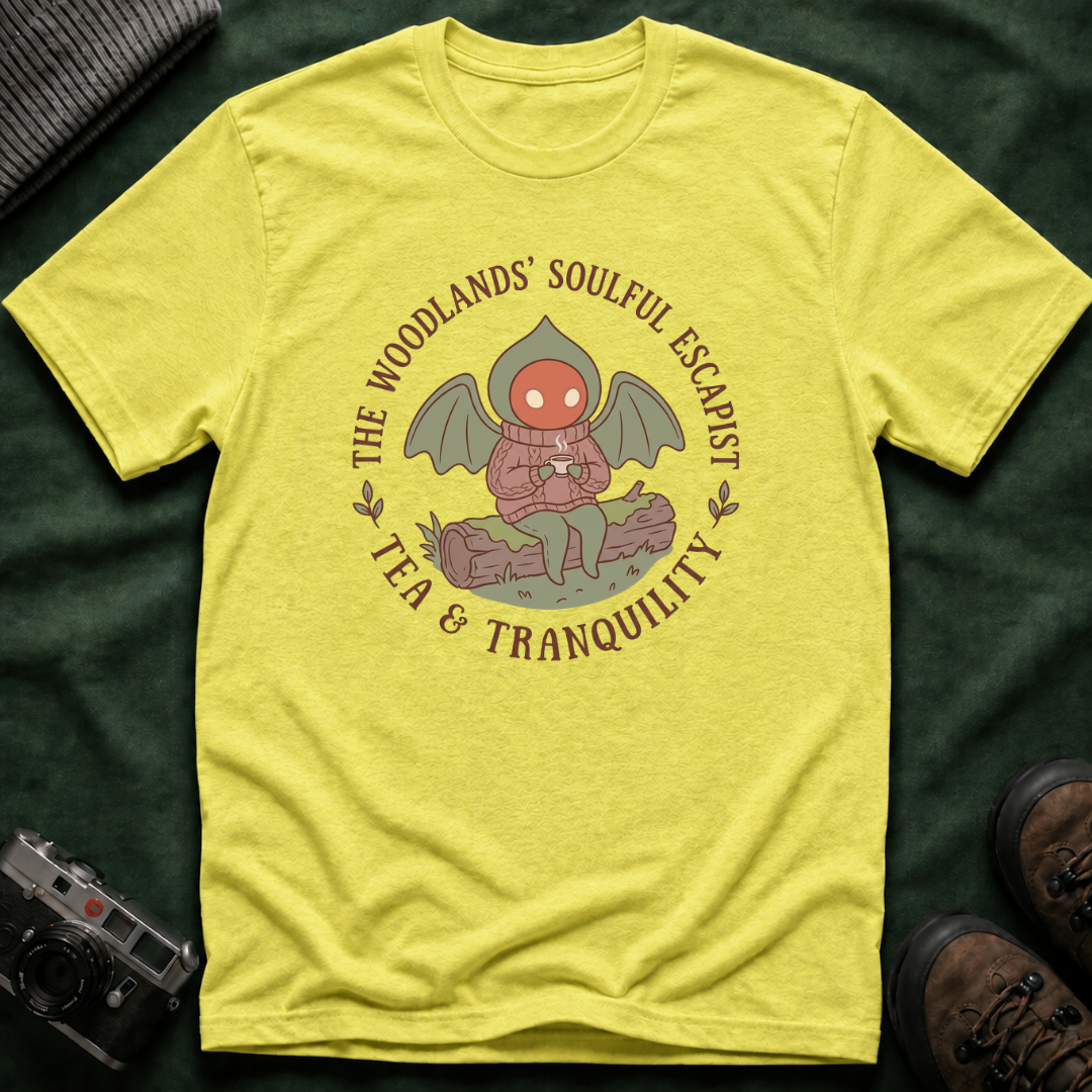 The Woodlands' Soulful Escapist T-Shirt — Cute Flatwoods Monster Tea & Tranquility Graphic
