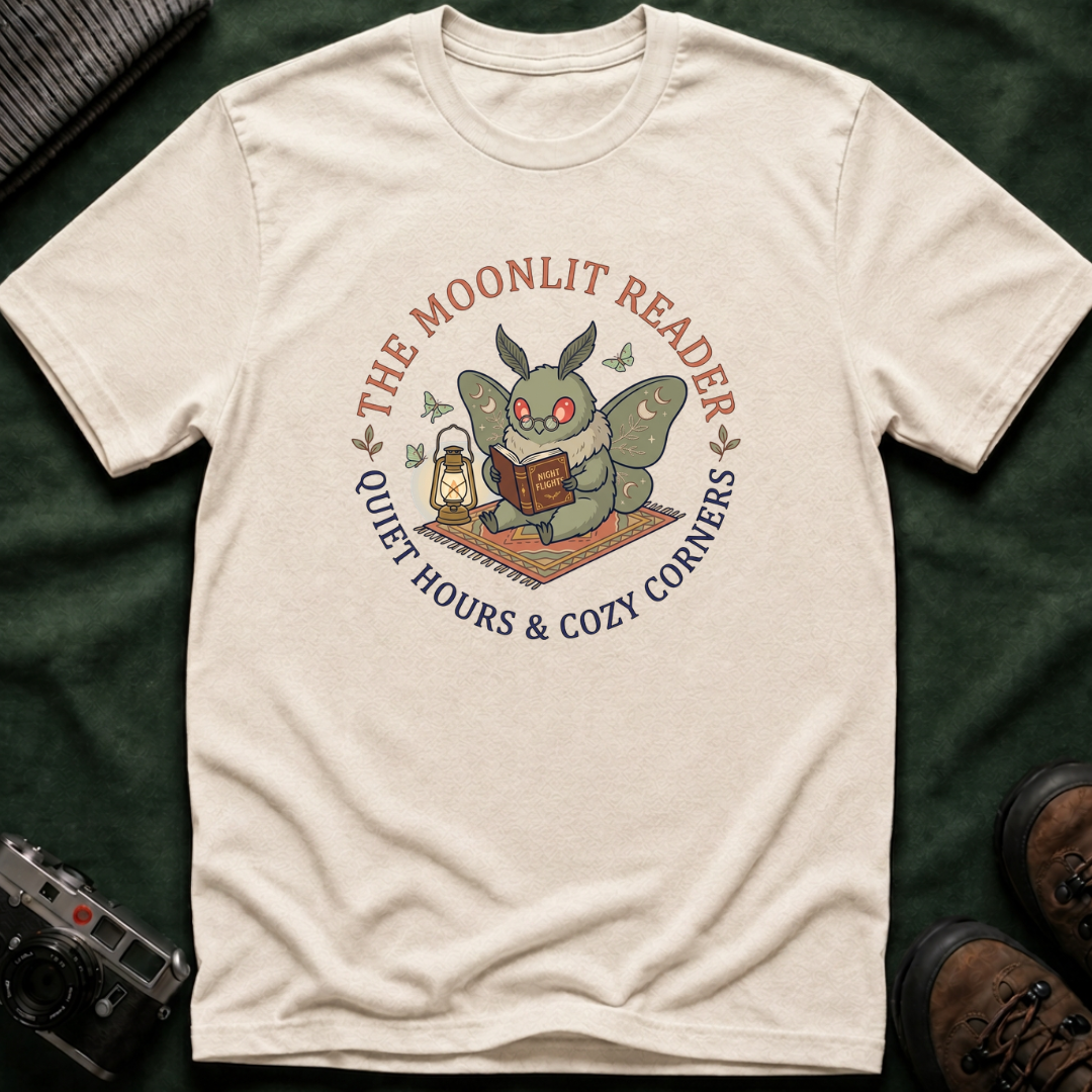 Cute Mothman T-Shirt — The Moonlit Reader Cottagecore Illustration Cozy Reading Tee