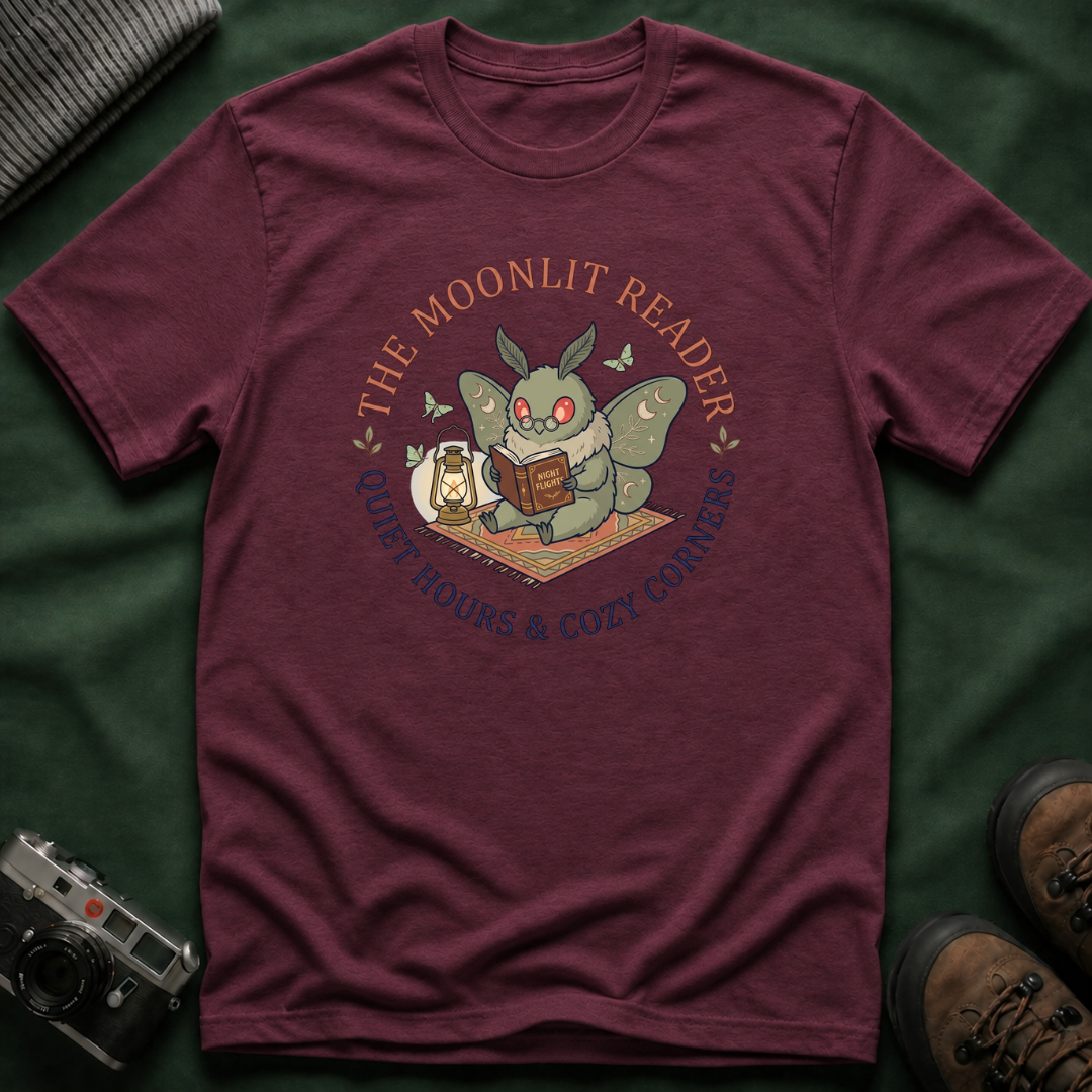 Cute Mothman T-Shirt — The Moonlit Reader Cottagecore Illustration Cozy Reading Tee