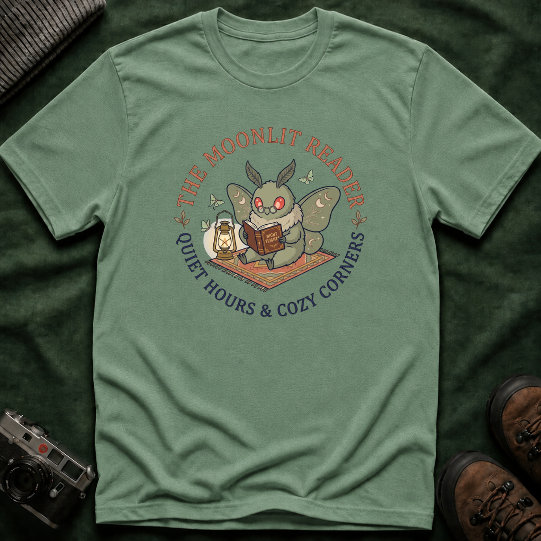Cute Mothman T-Shirt — The Moonlit Reader Cottagecore Illustration Cozy Reading Tee