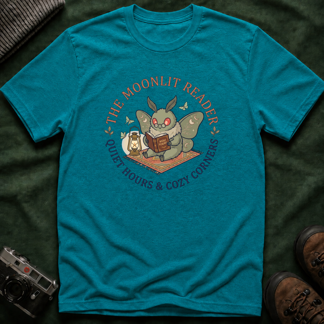 Cute Mothman T-Shirt — The Moonlit Reader Cottagecore Illustration Cozy Reading Tee