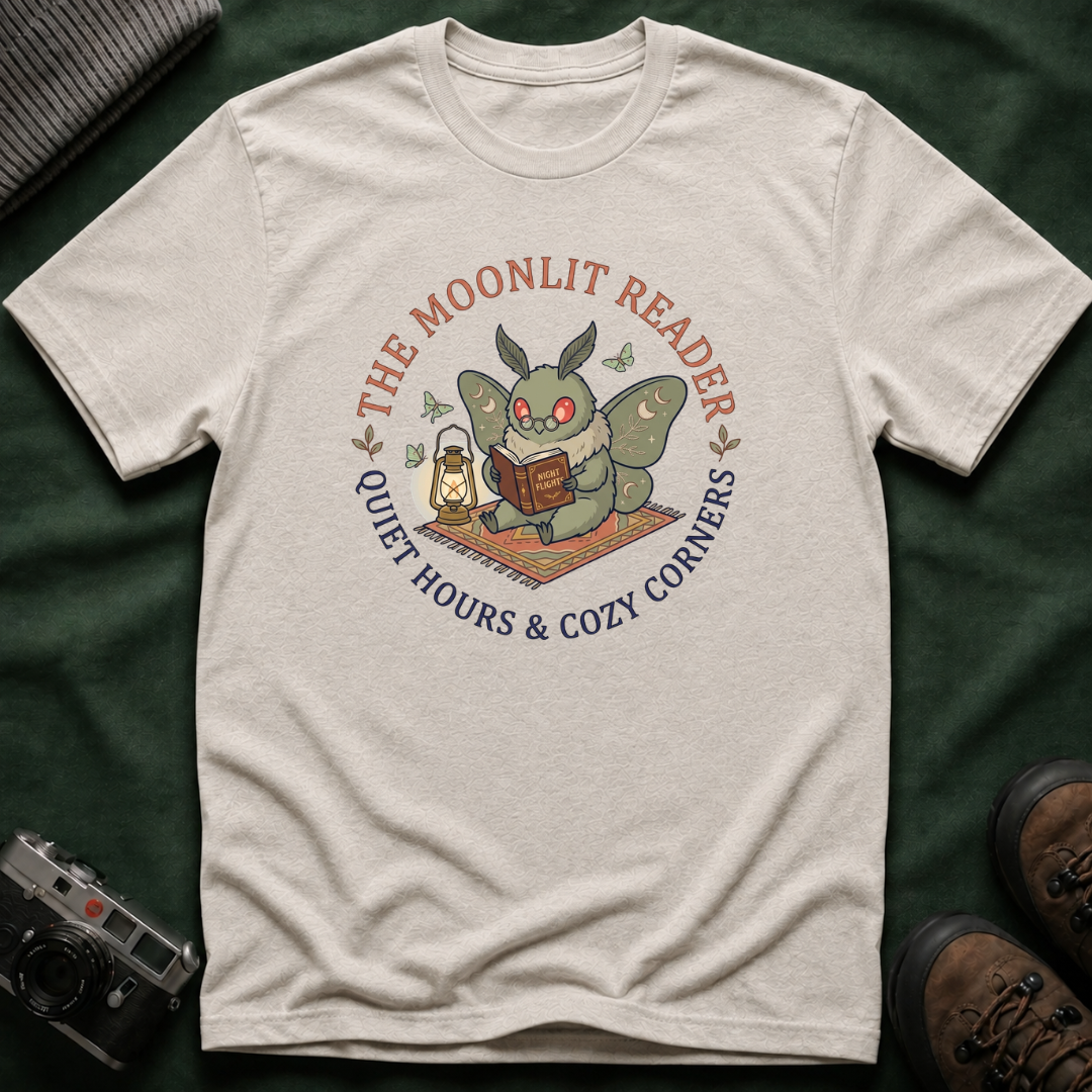 Cute Mothman T-Shirt — The Moonlit Reader Cottagecore Illustration Cozy Reading Tee