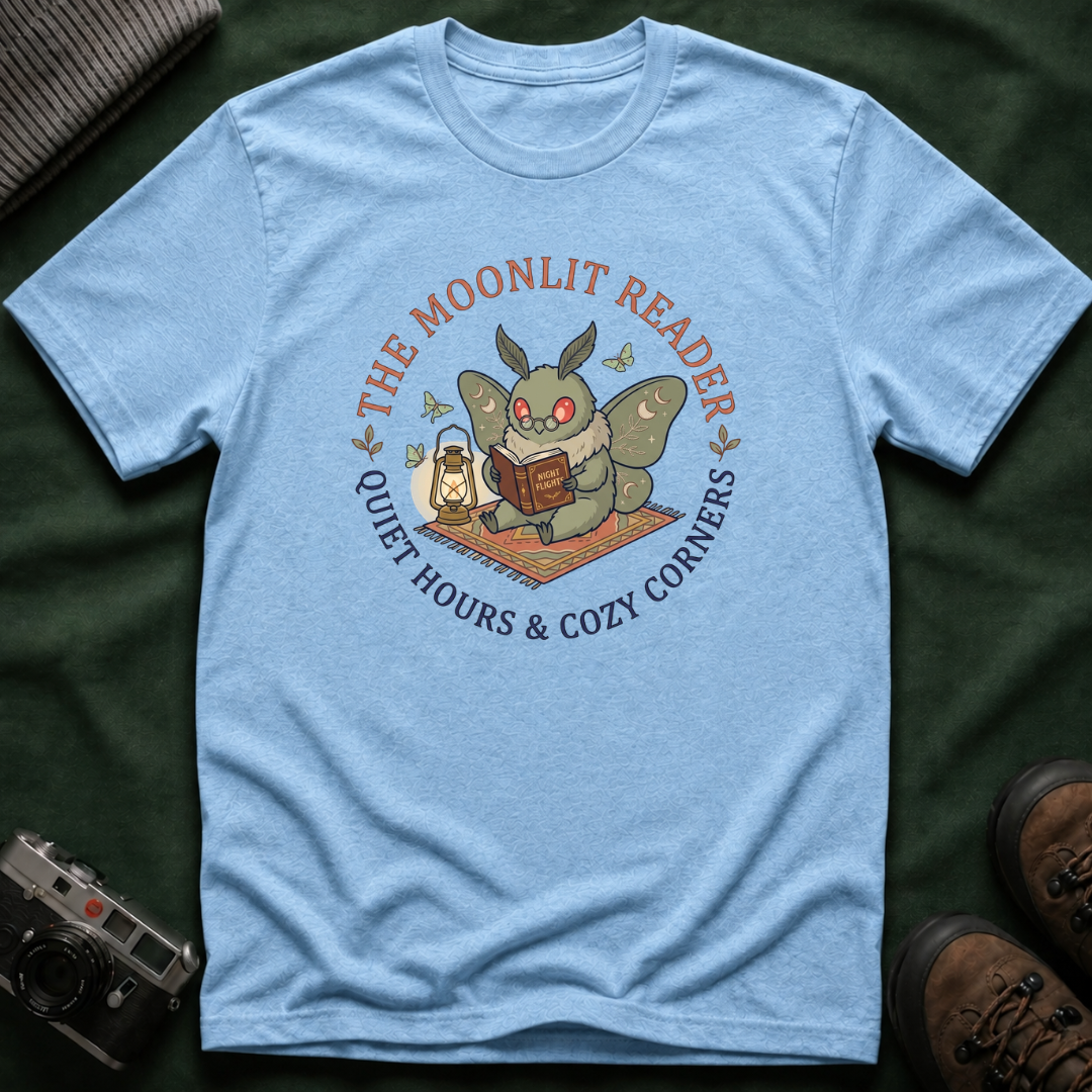 Cute Mothman T-Shirt — The Moonlit Reader Cottagecore Illustration Cozy Reading Tee