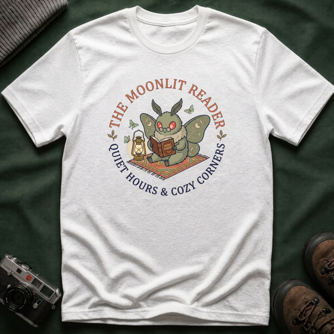 Cute Mothman T-Shirt — The Moonlit Reader Cottagecore Illustration Cozy Reading Tee