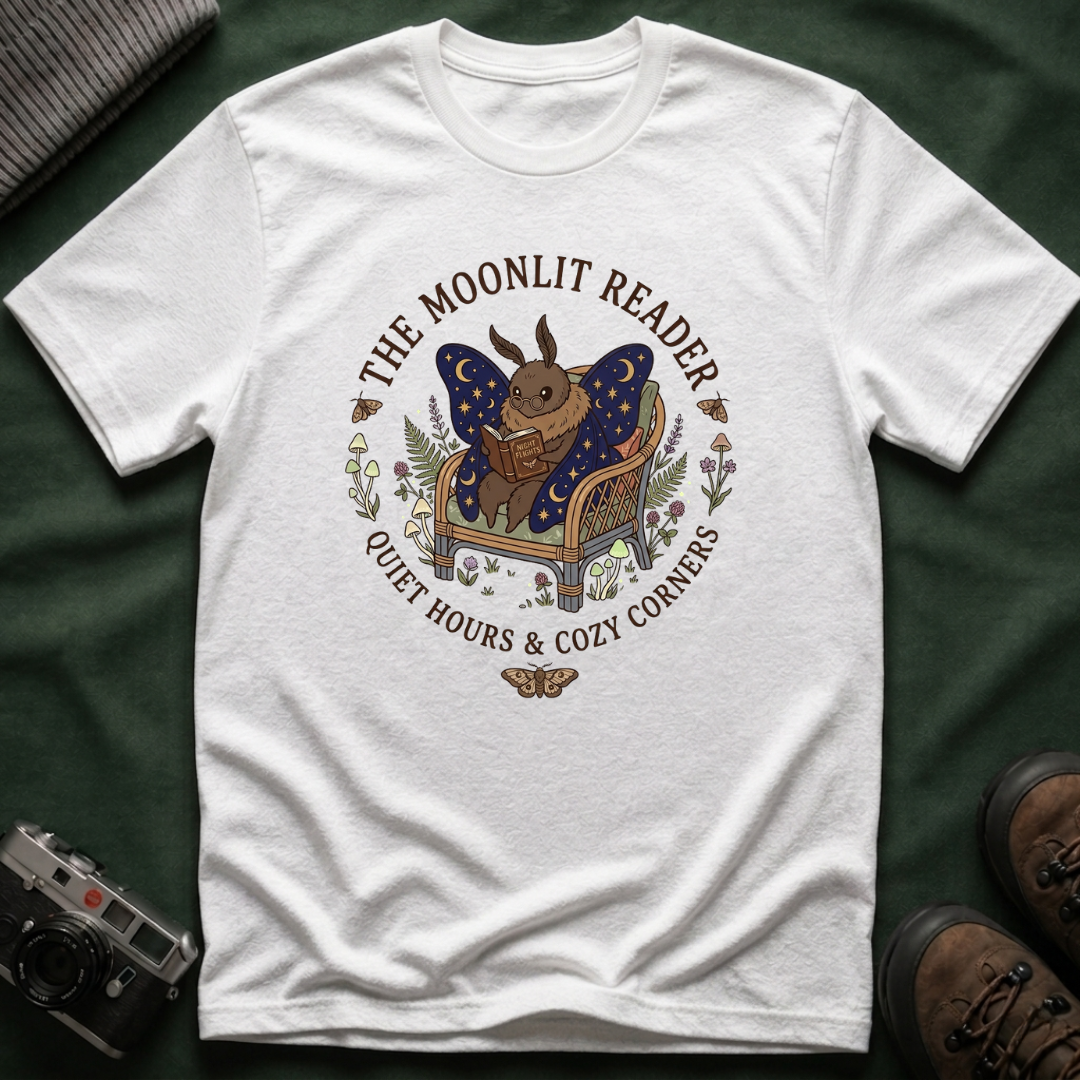 The Moonlit Reader Tee — Cozy Book Lover Cottagecore Moth Shirt