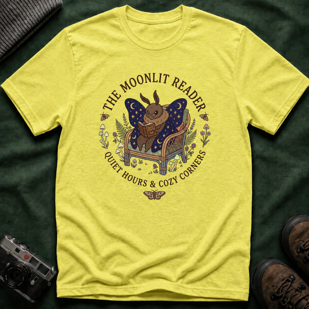 The Moonlit Reader Tee — Cozy Book Lover Cottagecore Moth Shirt