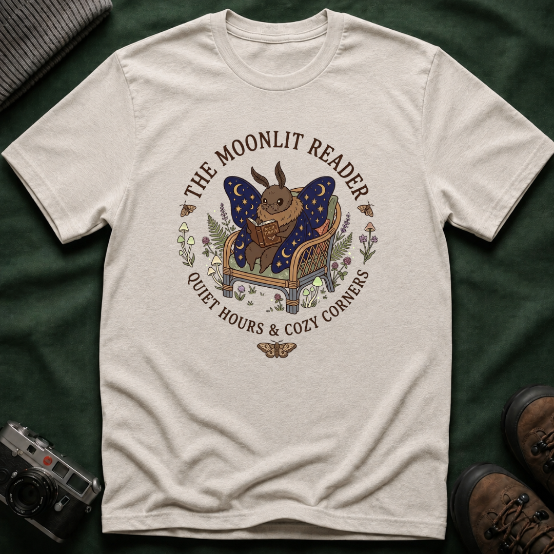 The Moonlit Reader Tee — Cozy Book Lover Cottagecore Moth Shirt