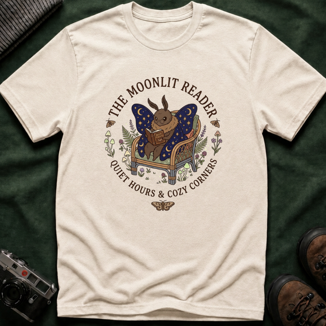 The Moonlit Reader Tee — Cozy Book Lover Cottagecore Moth Shirt