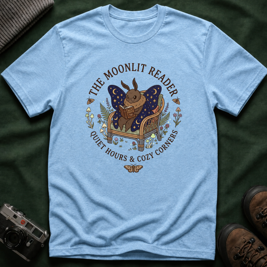 The Moonlit Reader Tee — Cozy Book Lover Cottagecore Moth Shirt