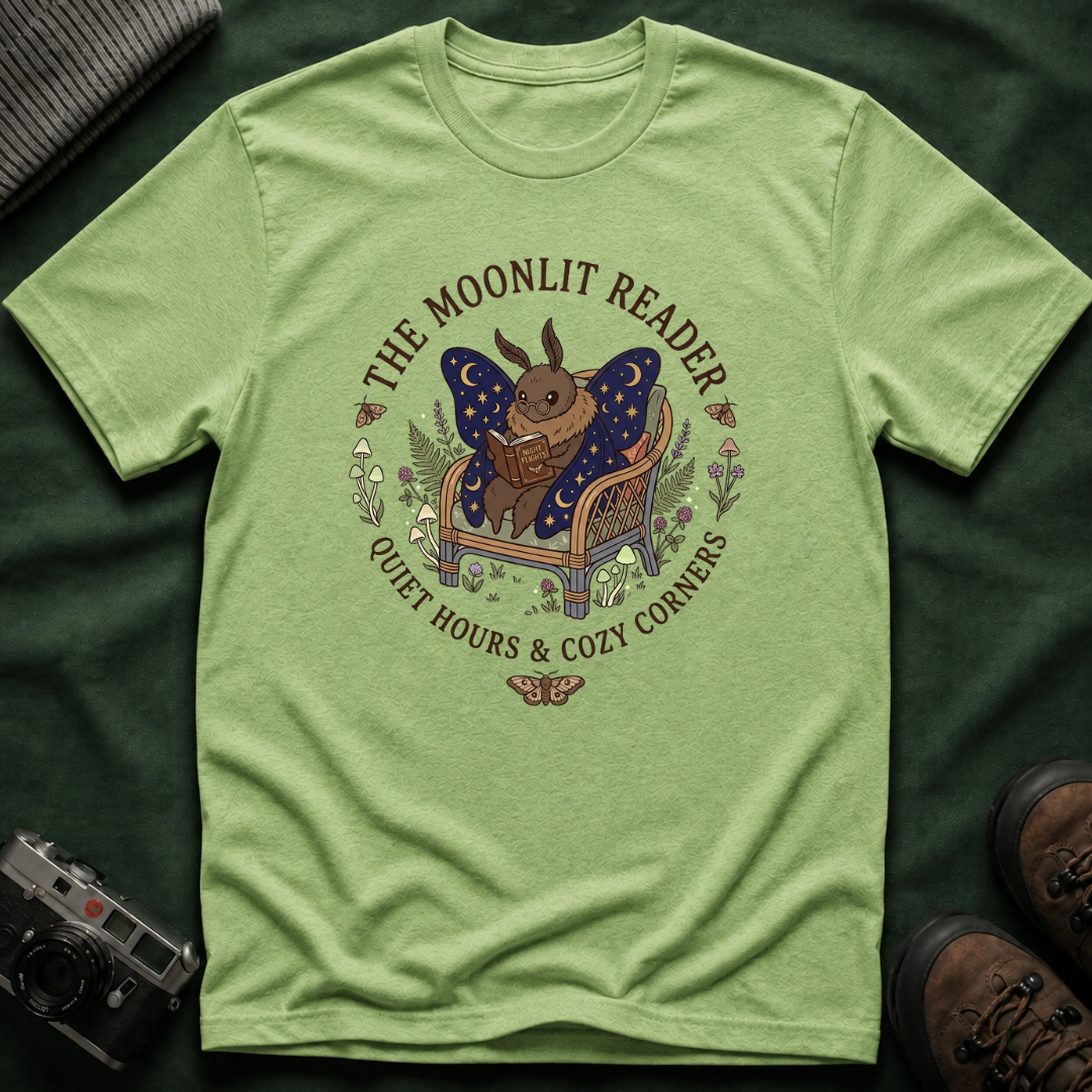 The Moonlit Reader Tee — Cozy Book Lover Cottagecore Moth Shirt