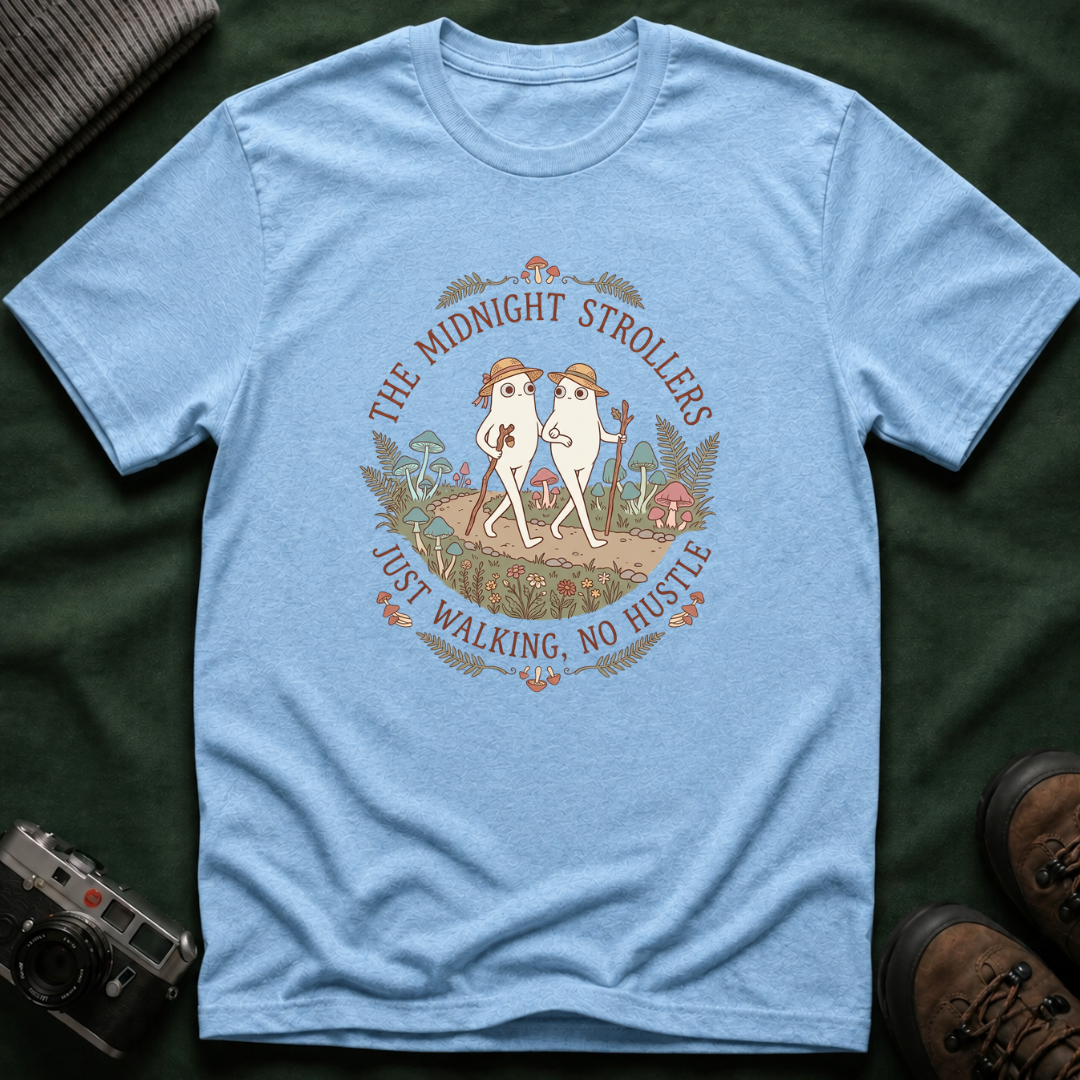 Cozy Fresno Nightcrawlers T-Shirt — 'The Midnight Strollers' Cute Mushroom Walk Graphic Tee
