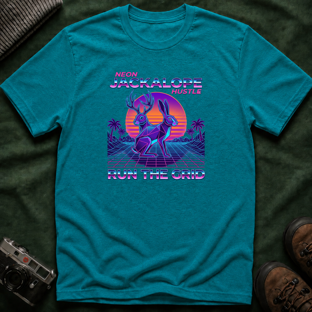 Neon Jackalope T-Shirt - Hustle "Run the Grid" Retro Vaporwave Tee