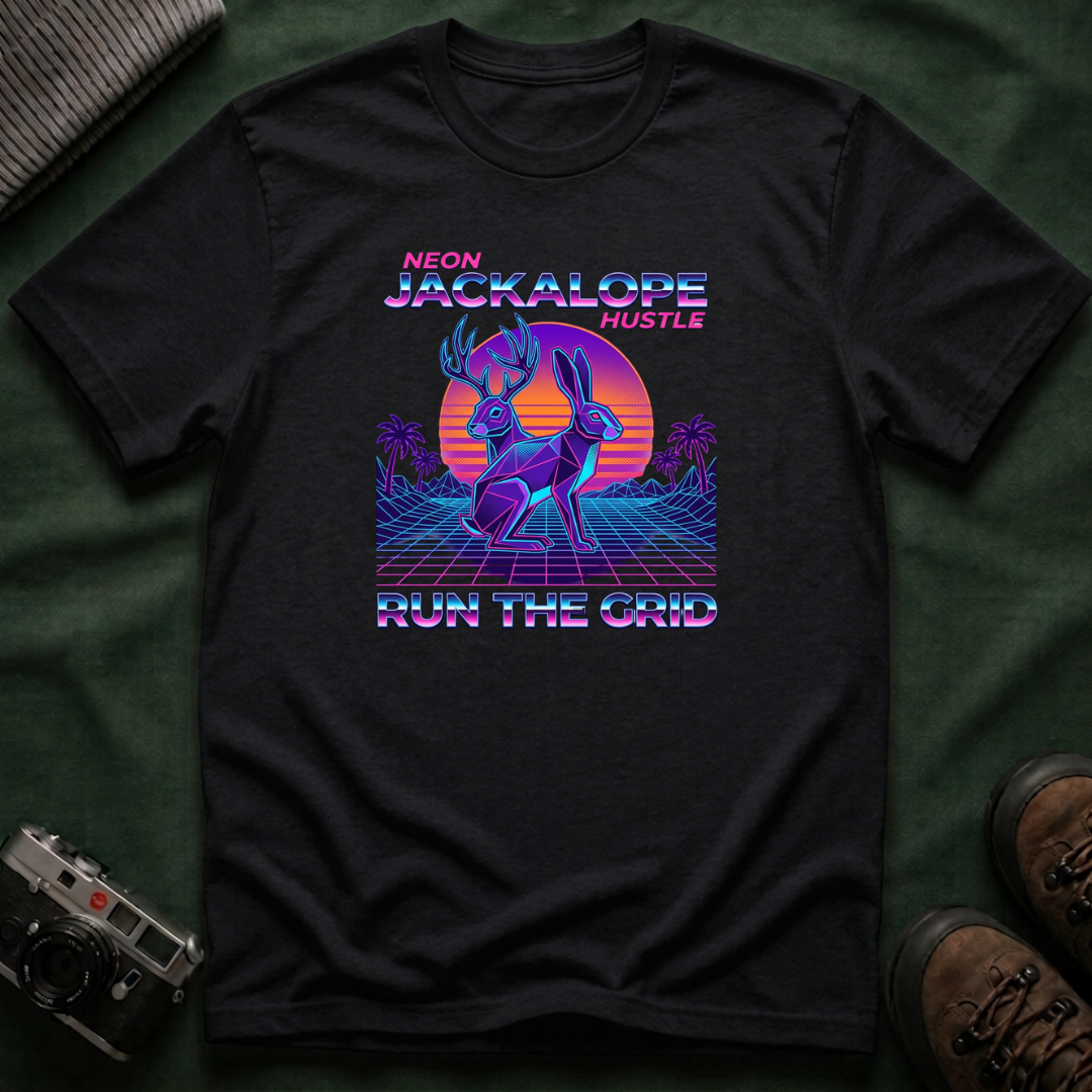 Neon Jackalope T-Shirt - Hustle "Run the Grid" Retro Vaporwave Tee