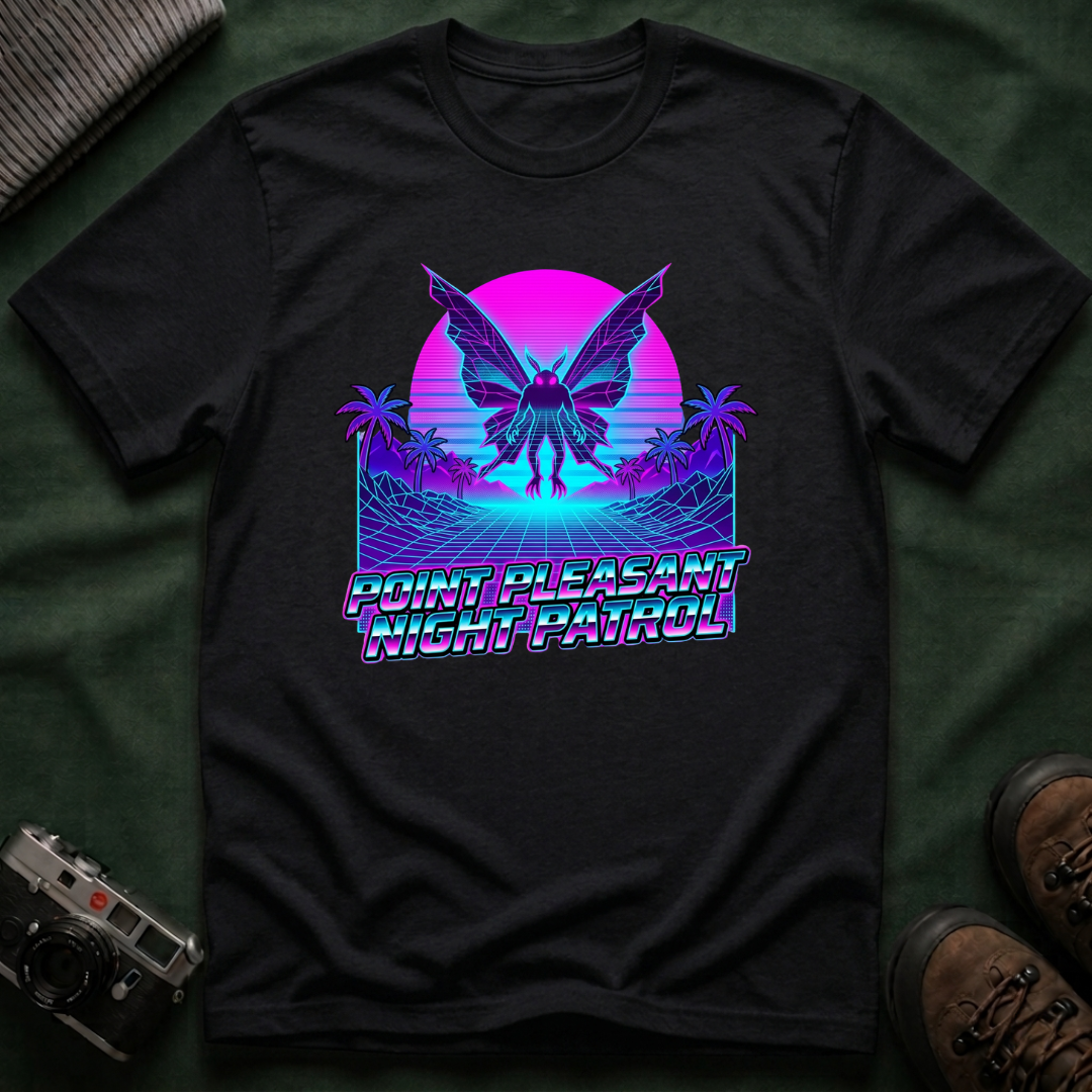 Mothman Retro Sunset T‑Shirt — Neon 80s Vaporwave Cryptid Tee