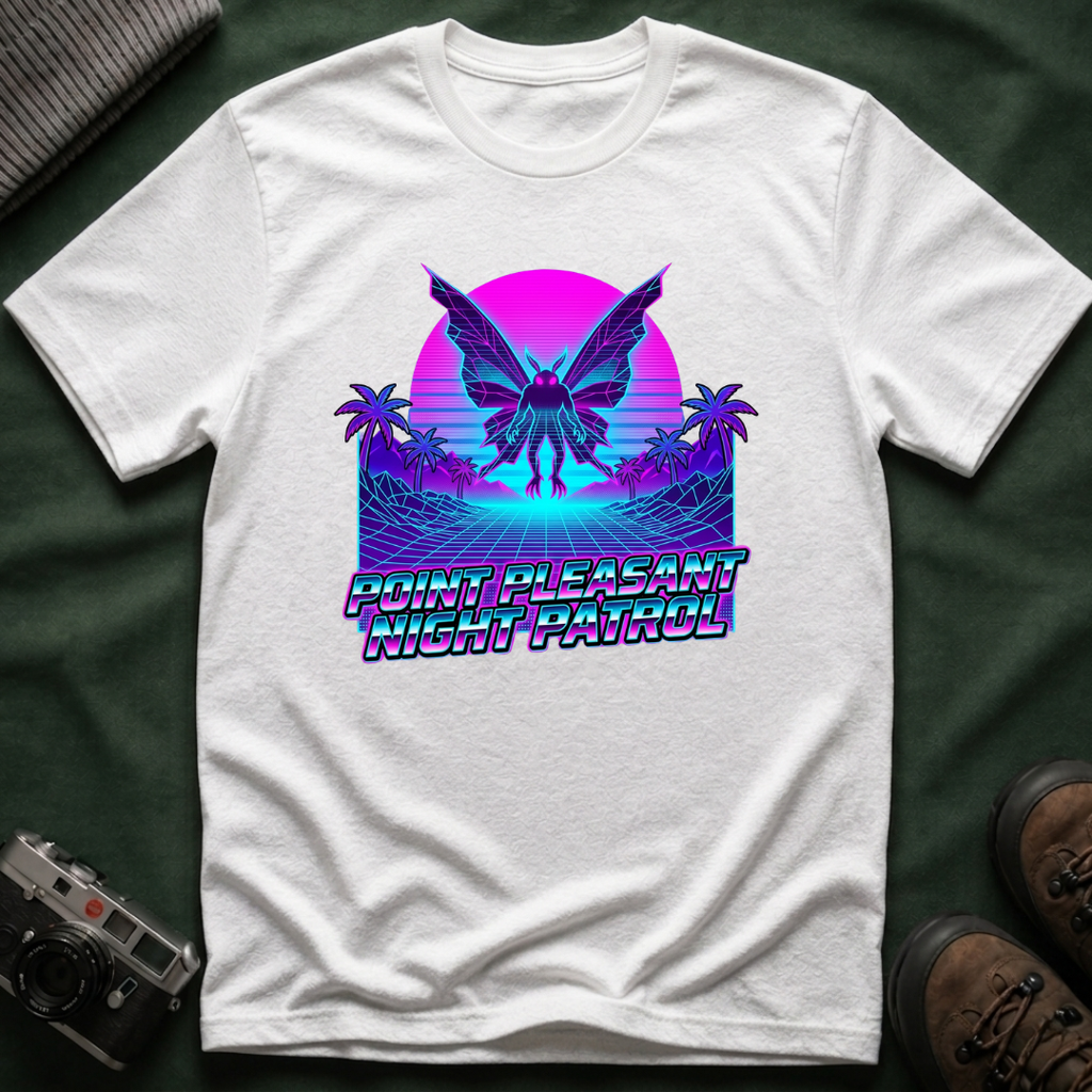 Mothman Retro Sunset T‑Shirt — Neon 80s Vaporwave Cryptid Tee