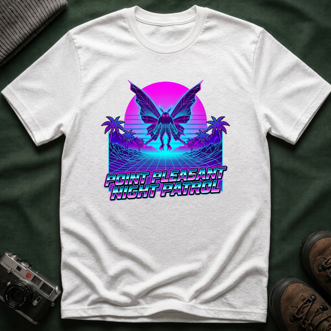 Mothman Retro Sunset T‑Shirt — Neon 80s Vaporwave Cryptid Tee