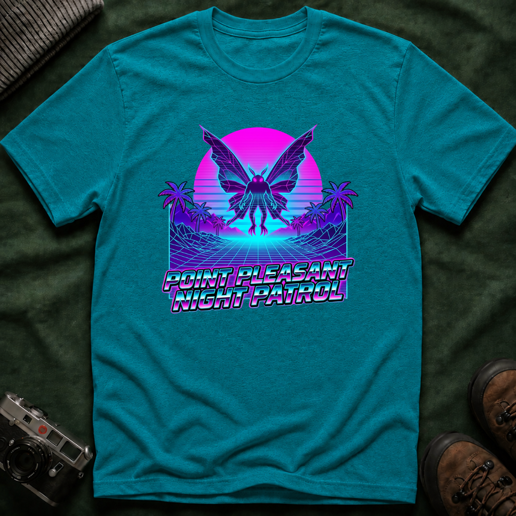 Mothman Retro Sunset T‑Shirt — Neon 80s Vaporwave Cryptid Tee