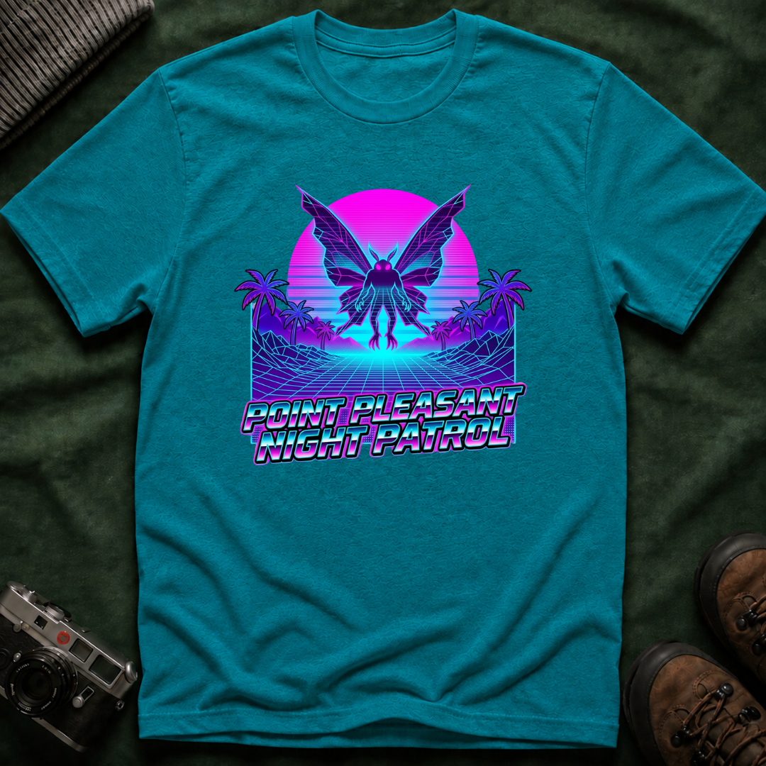 Mothman Retro Sunset T‑Shirt — Neon 80s Vaporwave Cryptid Tee
