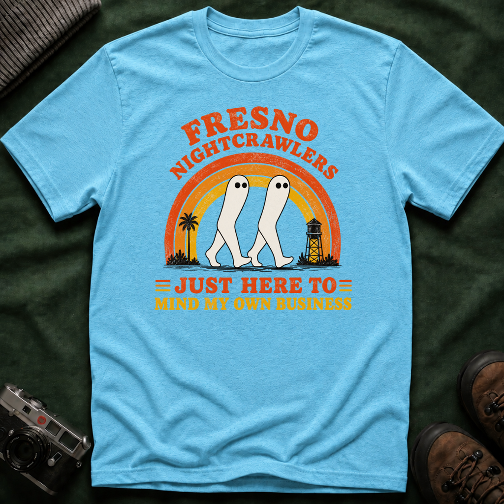 Fresno Nightcrawlers T-Shirt — Retro Cryptid Graphic Tee (“Just Here To Mind My Own Business”)