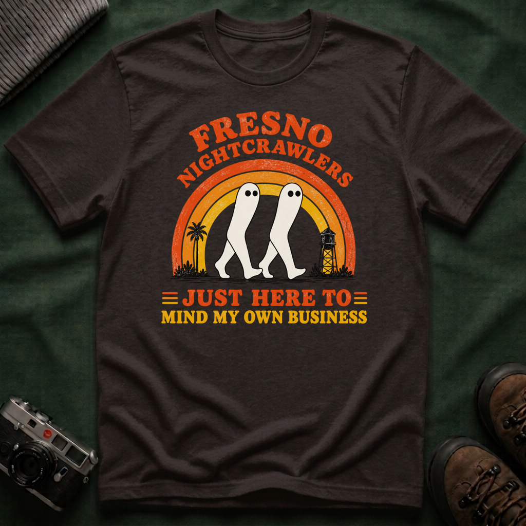Fresno Nightcrawlers T-Shirt — Retro Cryptid Graphic Tee (“Just Here To Mind My Own Business”)