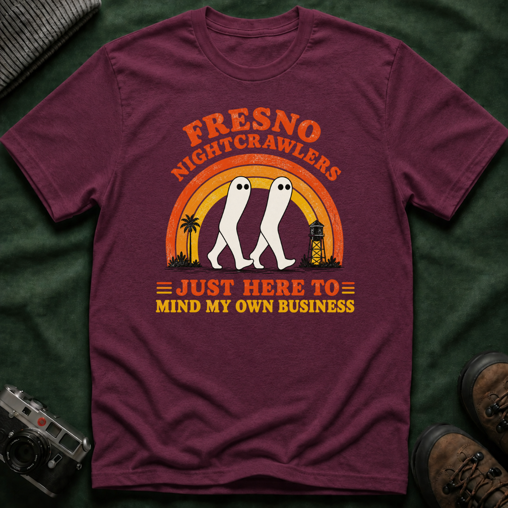 Fresno Nightcrawlers T-Shirt — Retro Cryptid Graphic Tee (“Just Here To Mind My Own Business”)