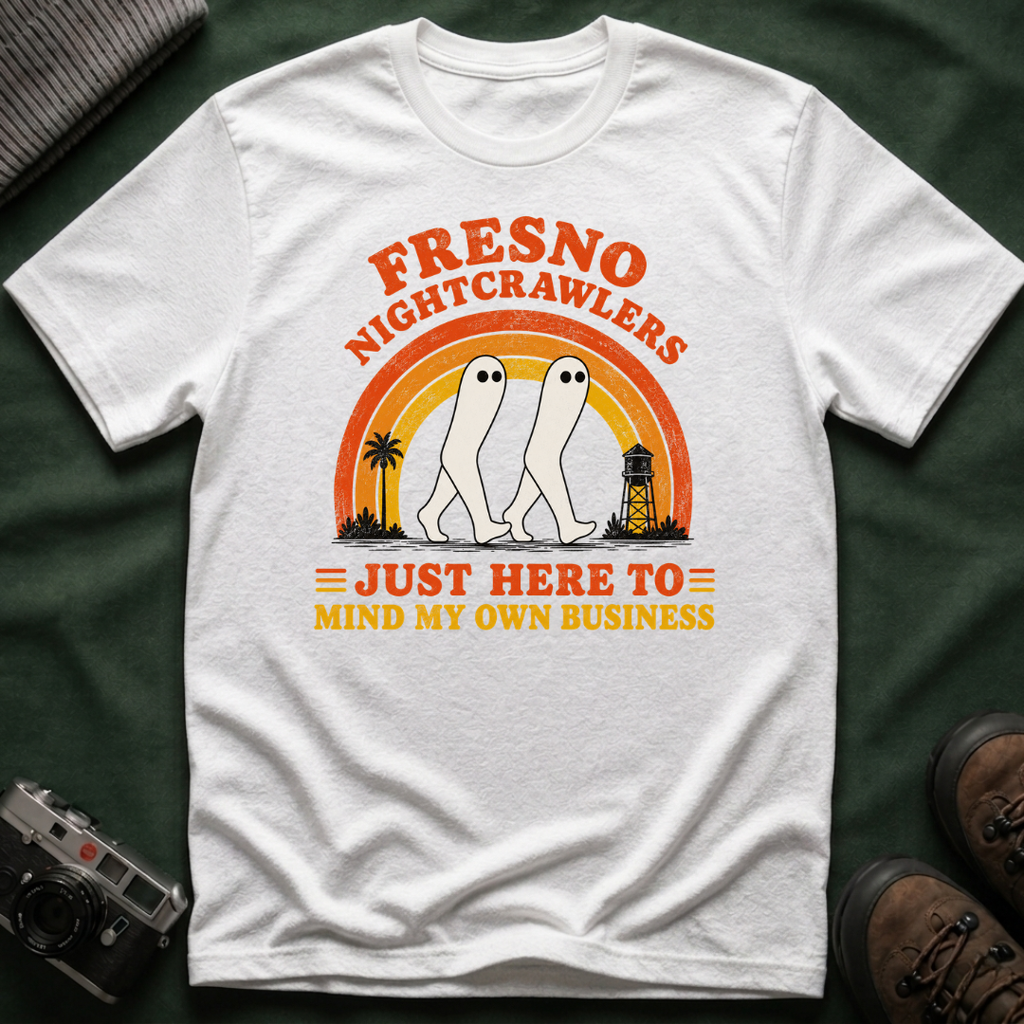Fresno Nightcrawlers T-Shirt — Retro Cryptid Graphic Tee (“Just Here To Mind My Own Business”)