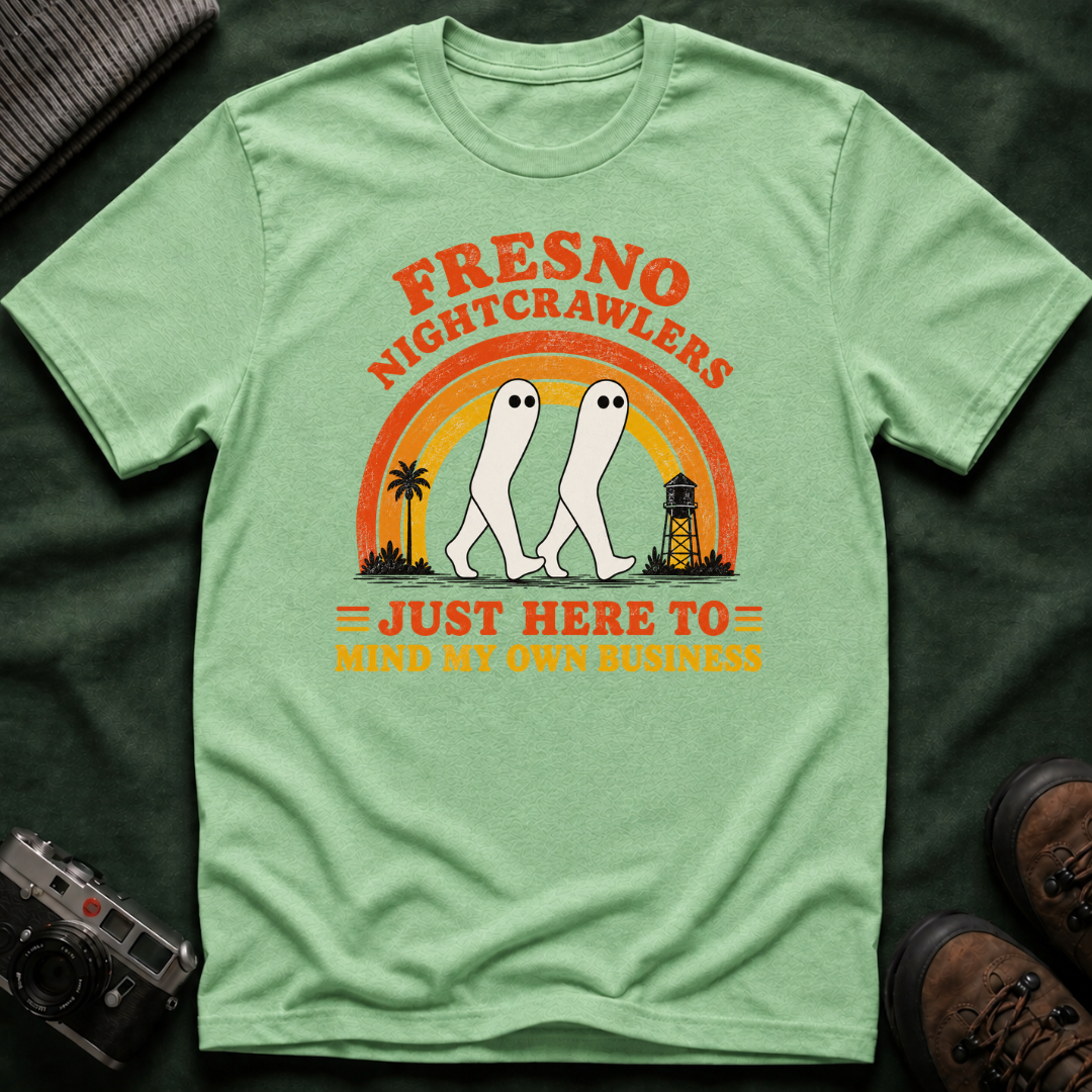 Fresno Nightcrawlers T-Shirt — Retro Cryptid Graphic Tee (“Just Here To Mind My Own Business”)