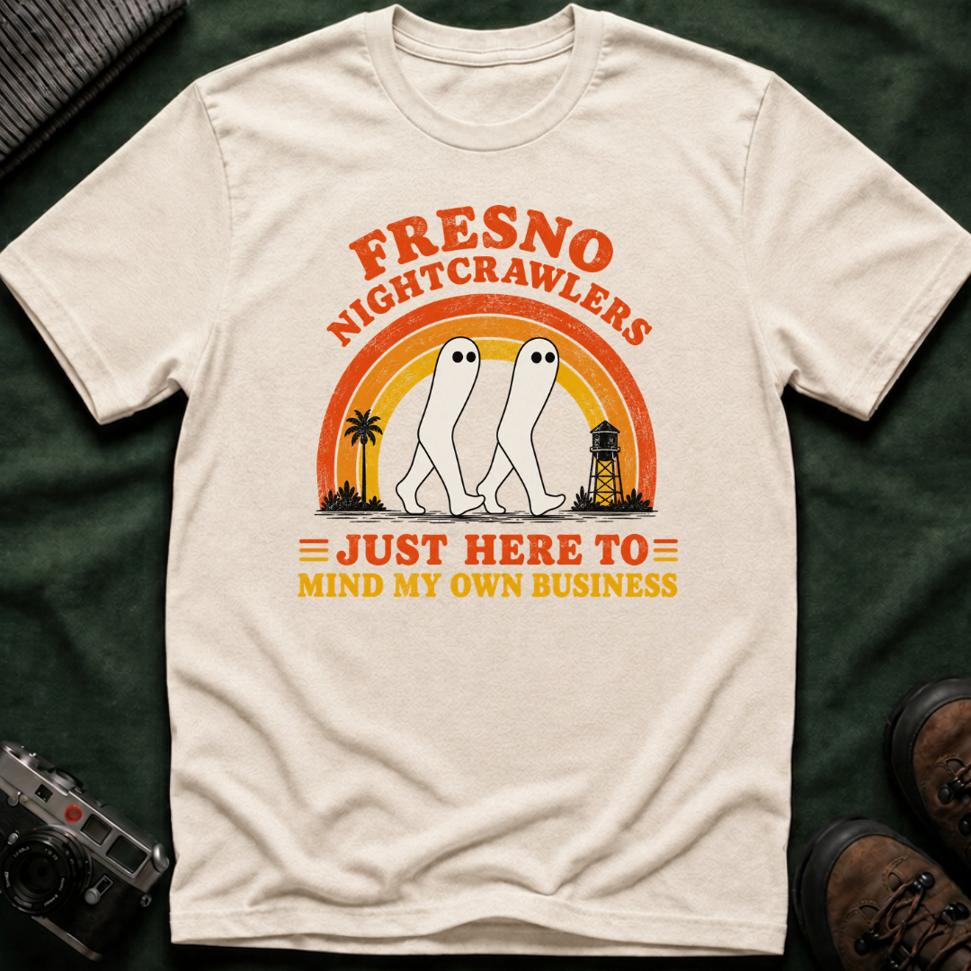 Fresno Nightcrawlers T-Shirt — Retro Cryptid Graphic Tee (“Just Here To Mind My Own Business”)
