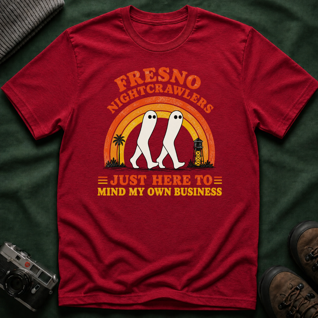 Fresno Nightcrawlers T-Shirt — Retro Cryptid Graphic Tee (“Just Here To Mind My Own Business”)