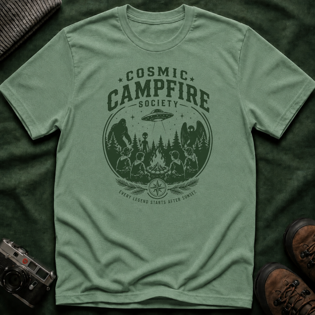 Cosmic Campfire Society T-Shirt — UFO & Forest Vintage Graphic Tee